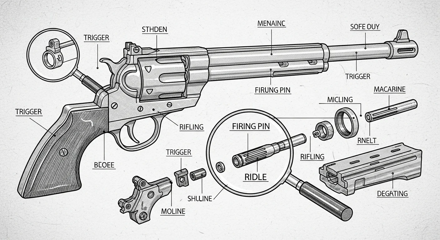 Ultimate Collection: 125+ Mind-Bending Gun Riddles with Answers 6 Technical diagram showing detailed firearm components breakdown with labeled parts including trigger, firing pin, rifling, and other mechanical elements
