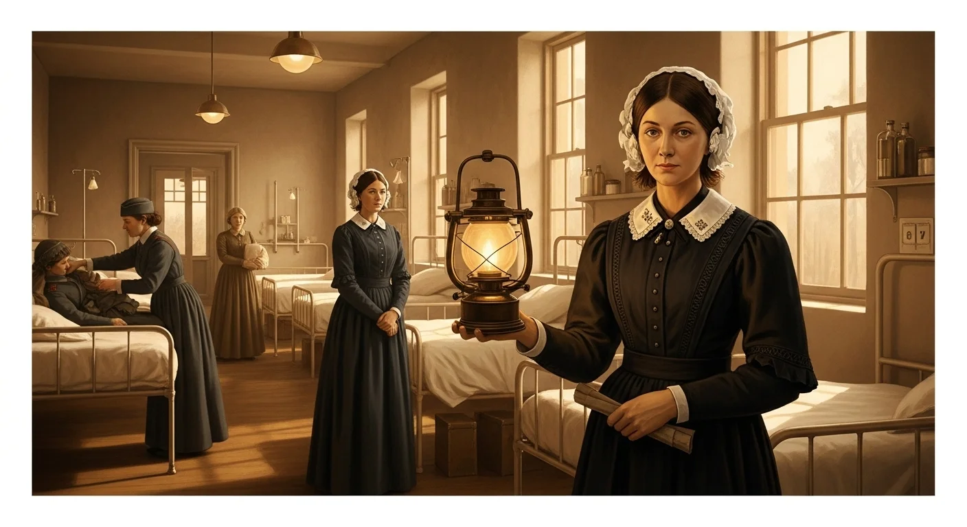 125+ Nursing Riddles to Challenge Your Medical Mind (With Answers!) 9 Florence Nightingale era nurse holding oil lamp in 19th century hospital ward with patients and fellow nurses