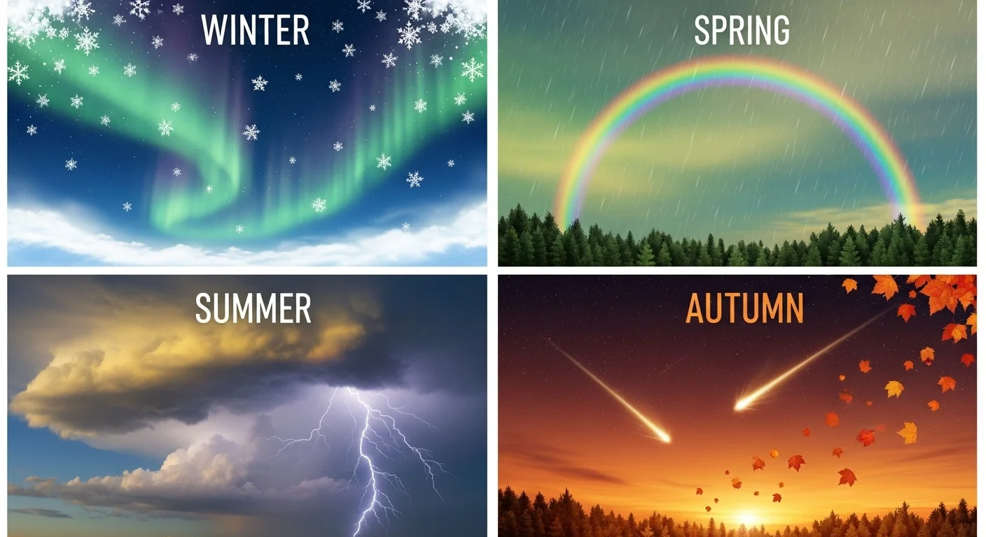 175+ Sky Riddles with Answers: A Journey Through the Celestial Unknown 13 Four panels showing seasonal weather: winter aurora and snow, spring rainbow and rain, summer lightning storm, autumn meteor shower with falling leaves