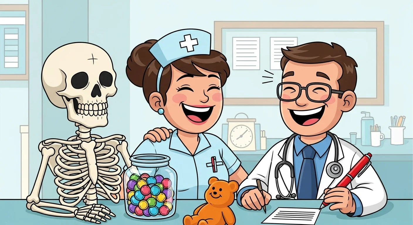 250+ Medical Riddles with Answers: Journey into Medicine 8 Cartoon doctor, nurse, and skeleton in cheerful medical office setting with colorful pills and teddy bear for medical humor riddles