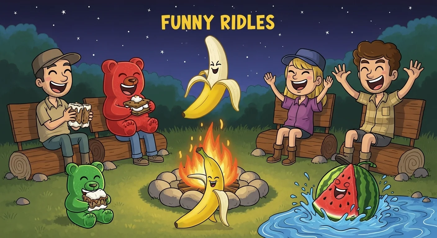 125+ Summer Camp Riddles to Solve Around the Fire (Answers) 3 Cartoon bear, banana, and watermelon characters with happy campers around campfire for funny riddles