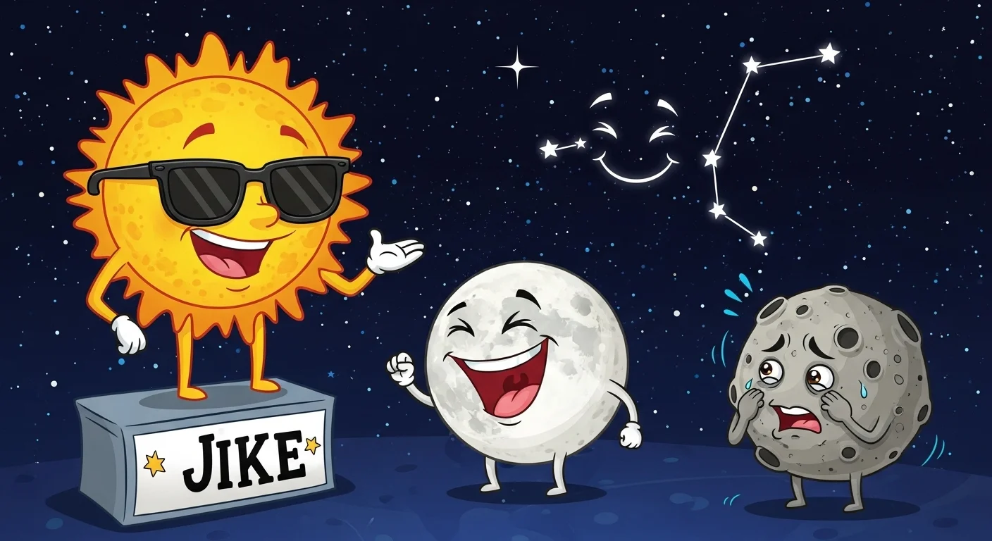 125+ Shining Stars Riddles with Answers: Starry Night Puzzles 3 Humorous cartoon of smiling sun wearing sunglasses telling jokes while moon laughs and worried asteroid watches