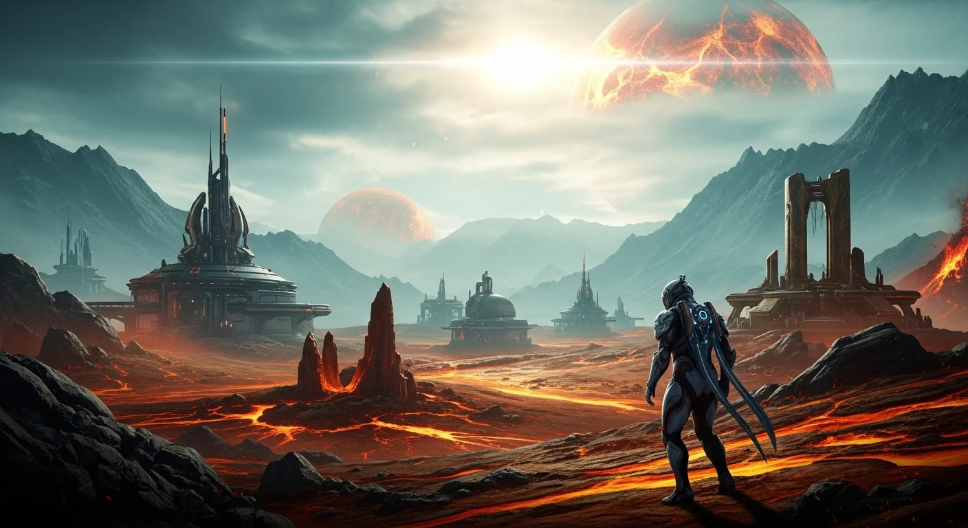 125+ Venus Riddles: Unravel the Mysteries to Test Your Cosmic Knowledge 11 Lone astronaut explorer standing on alien planet surface with futuristic buildings, volcanic terrain, and dramatic sky with multiple celestial bodies