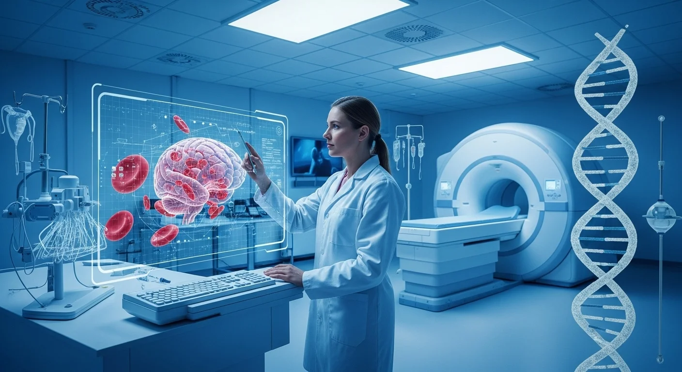 125+ Hospital Riddles with Answers – Healthcare Fun! 6 Female doctor analyzing holographic brain scan display with MRI machine and DNA helix graphics in advanced medical laboratory