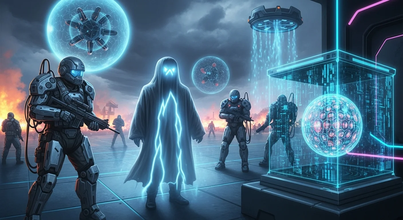 150+ World War 3 Riddles & Answers (Real-World Conflict References) 2 Futuristic soldiers in advanced armor with AI holographic figure and high-tech military equipment in sci-fi battlefield setting