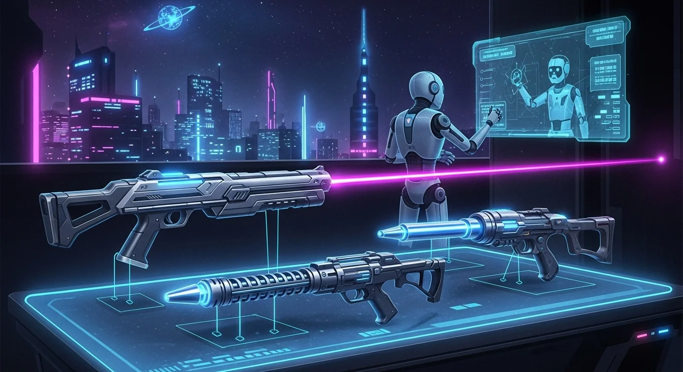 Ultimate Collection: 125+ Mind-Bending Gun Riddles with Answers 7 Futuristic sci-fi weapons displayed on holographic interface with robot examining advanced laser rifles in cyberpunk cityscape setting