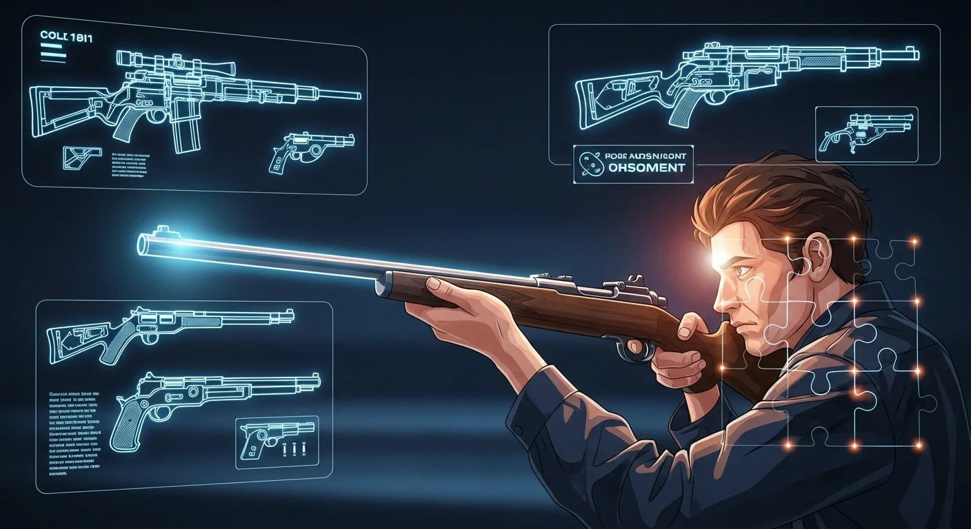 Ultimate Collection: 125+ Mind-Bending Gun Riddles with Answers 3 Futuristic digital interface showing sniper rifle schematics and puzzle elements with person aiming, resembling video game or puzzle interface