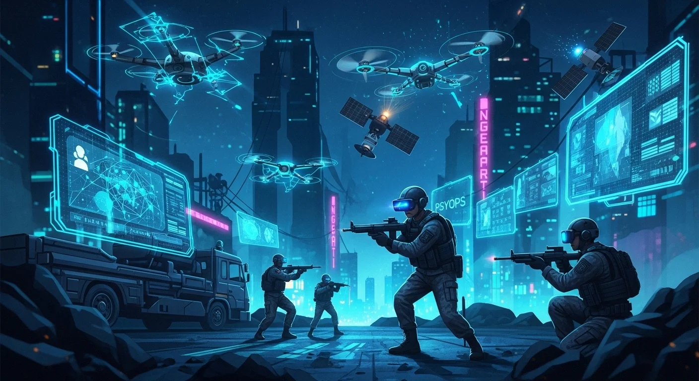 150+ World War 3 Riddles & Answers (Real-World Conflict References) 6 Futuristic urban combat scene with soldiers fighting in cyberpunk city environment featuring drones, satellites, and digital warfare displays
