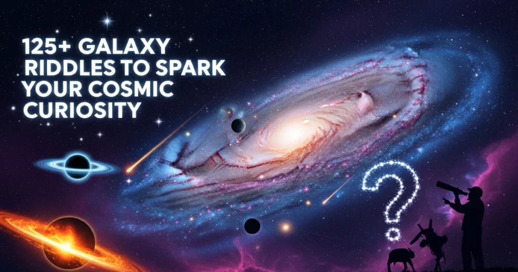 Colorful spiral galaxy with stars and planets featuring text "125+ Galaxy Riddles to Spark Your Cosmic Curiosity"