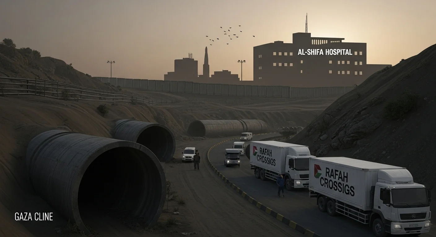 150+ World War 3 Riddles & Answers (Real-World Conflict References) 13 Humanitarian aid convoy with Rafah Crossing trucks near Al-Shifa Hospital in Gaza conflict zone