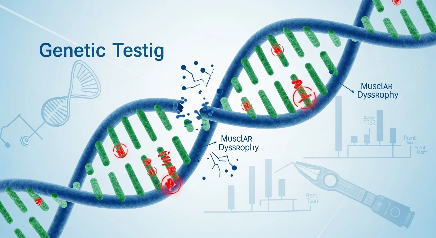 125+ Disease Riddles to Test Your Medical IQ (Answers Inside) 14 DNA double helix illustration showing genetic testing for muscular dystrophy with molecular analysis and genetic markers