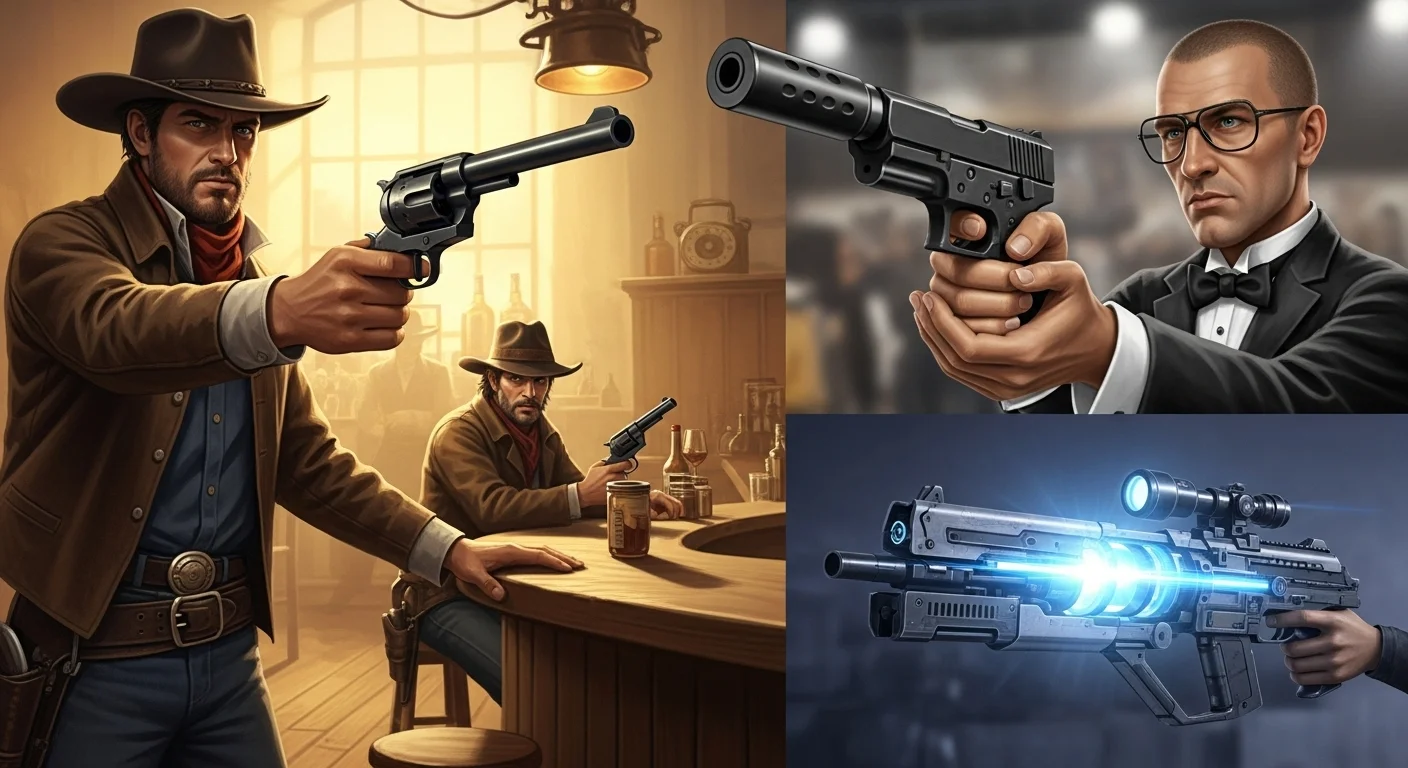 Ultimate Collection: 125+ Mind-Bending Gun Riddles with Answers 8 Four-panel comparison showing weapon evolution across genres: Western cowboy with revolver, modern spy with pistol, and futuristic energy weapons