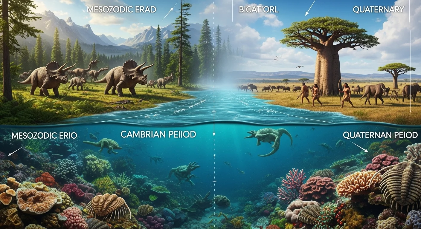 150+ Earth Riddles to Test Your Planet IQ (With Answers!) 11 Comparative illustration of Earth's geological eras showing Cambrian period marine life, Mesozoic era dinosaurs, and Quaternary period human evolution