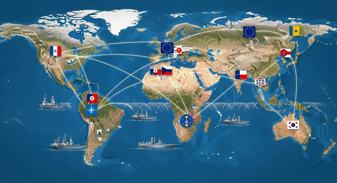 150+ World War 3 Riddles & Answers (Real-World Conflict References) 4 World map displaying international military alliances with country flags, naval vessels, and strategic connection lines between nations