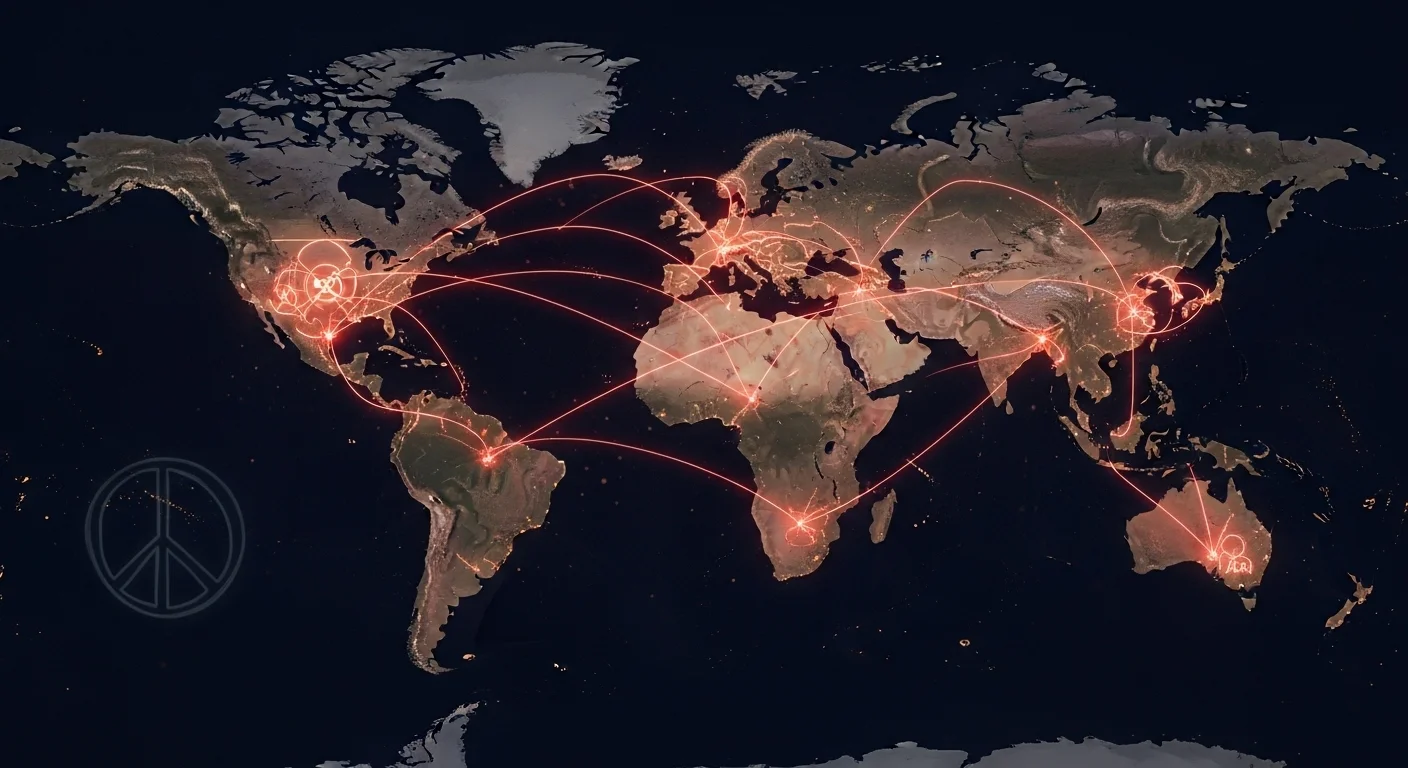 125+ Nuclear Weapon Riddles (Atomic Bomb Trivia & Answers) 5 World map showing global nuclear connections with red network lines and peace symbol overlay
