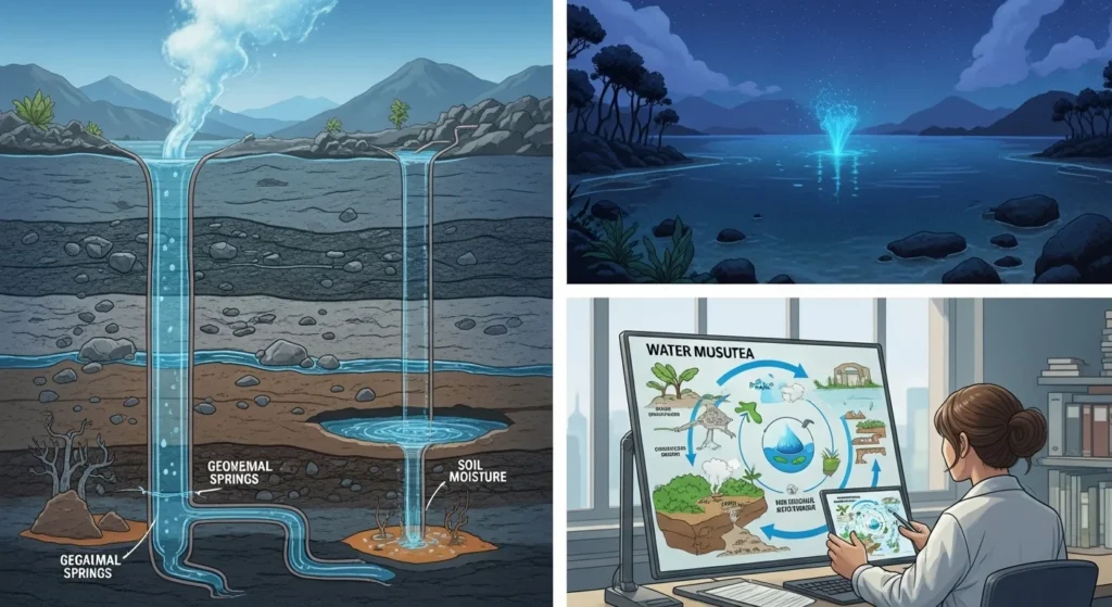 150+ Clever Water Riddles to Challenge and Delight 5 Groundwater springs cross-section diagram with geothermal springs, soil moisture, and scientist studying water cycle on computer