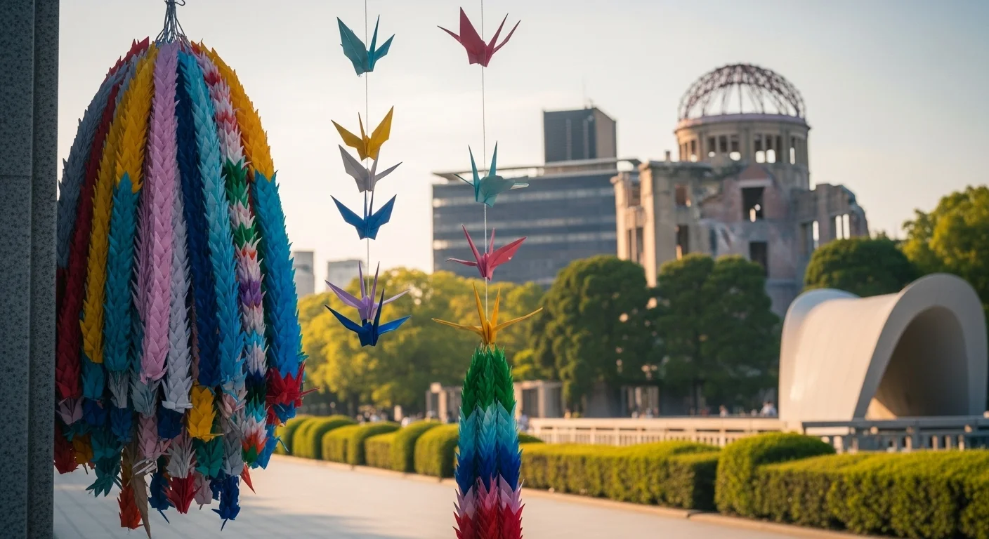 125+ Nuclear Weapon Riddles (Atomic Bomb Trivia & Answers) 8 Colorful origami paper cranes at Hiroshima Peace Memorial with Atomic Bomb Dome in background