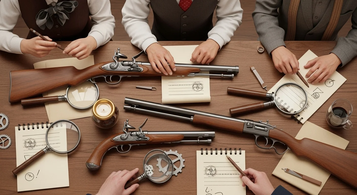 Ultimate Collection: 125+ Mind-Bending Gun Riddles with Answers 2 Overhead view of wooden table with vintage firearms, magnifying glasses, maps, and investigators' hands examining evidence in detective mystery scenario
