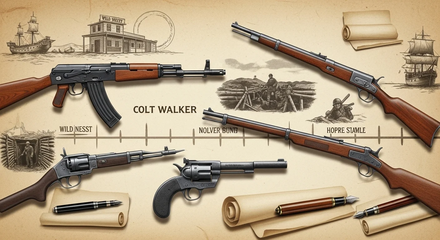 Ultimate Collection: 125+ Mind-Bending Gun Riddles with Answers 5 Historical firearms collection displaying evolution from Wild West era including Colt Walker, rifles, and revolvers arranged on vintage parchment with Western scenes