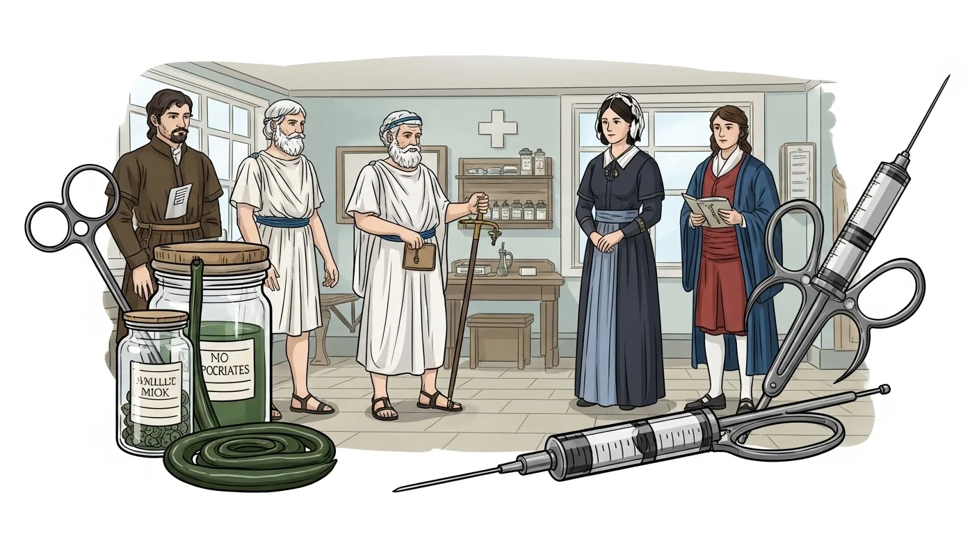 125+ Doctor Riddles with Answers: Educational Brain Teasers 10 Historical evolution of medical practice showing ancient Greek physicians, early nurses, and vintage medical instruments including syringes and surgical tools