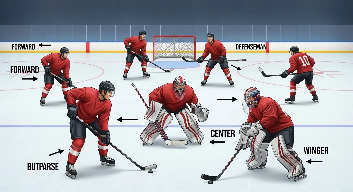 125+ Hockey Riddles with Answers to Challenge Your Mind 6 Ice hockey positions diagram showing forwards, defensemen, center, wingers, and goalie with labeled arrows on rink