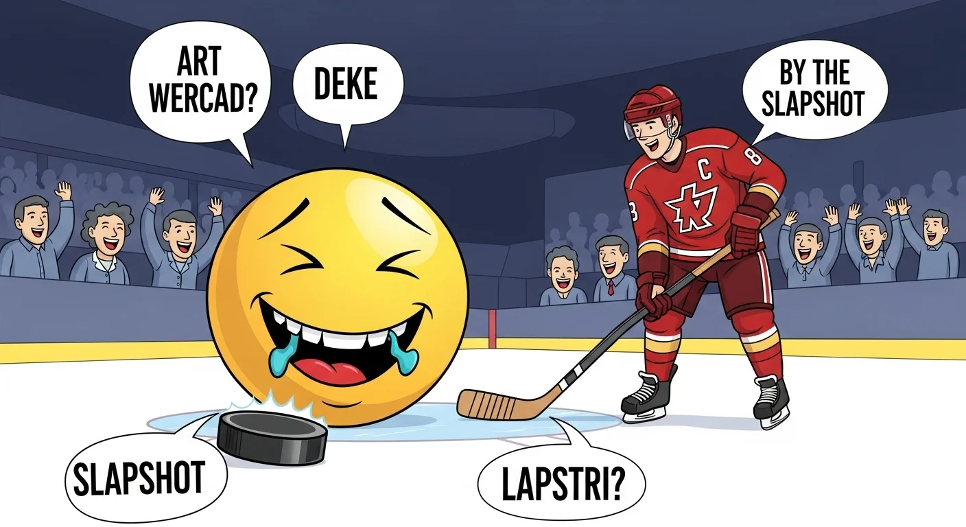 125+ Hockey Riddles with Answers to Challenge Your Mind 5 Cartoon hockey player with laughing emoji and speech bubbles showing hockey puns like slapshot, deke, and lapstri