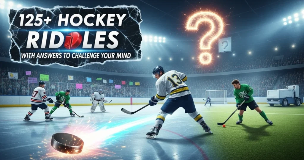 125+ hockey riddles collection promotional banner with ice hockey players in arena and glowing question mark