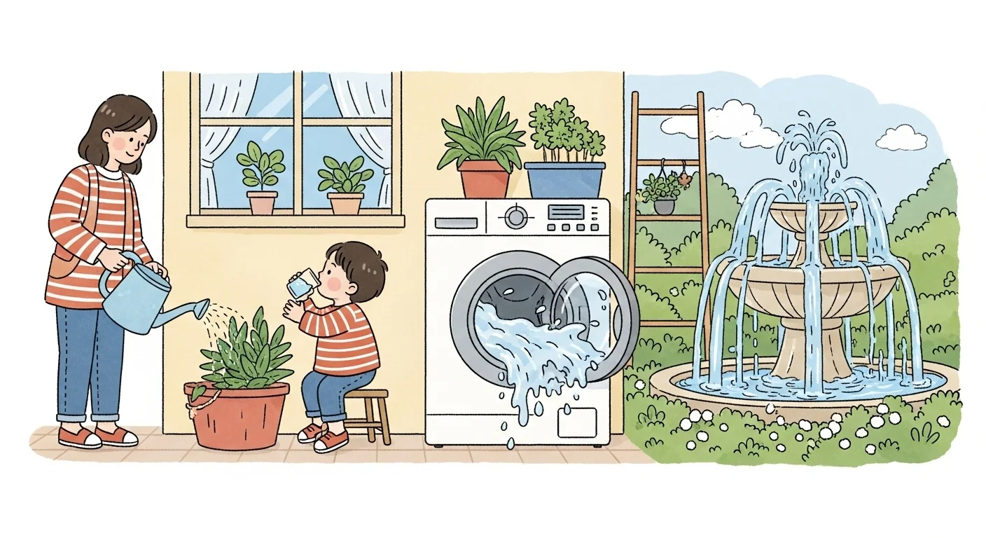150+ Clever Water Riddles to Challenge and Delight 3 Mother and child practicing water conservation while watering plants and doing laundry at home