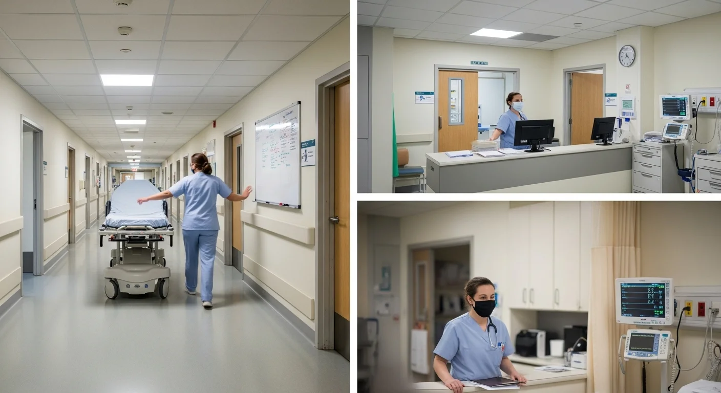 125+ Nursing Riddles to Challenge Your Medical Mind (With Answers!) 7 Hospital hallway with nurse transporting patient on gurney and nursing station with monitoring equipment