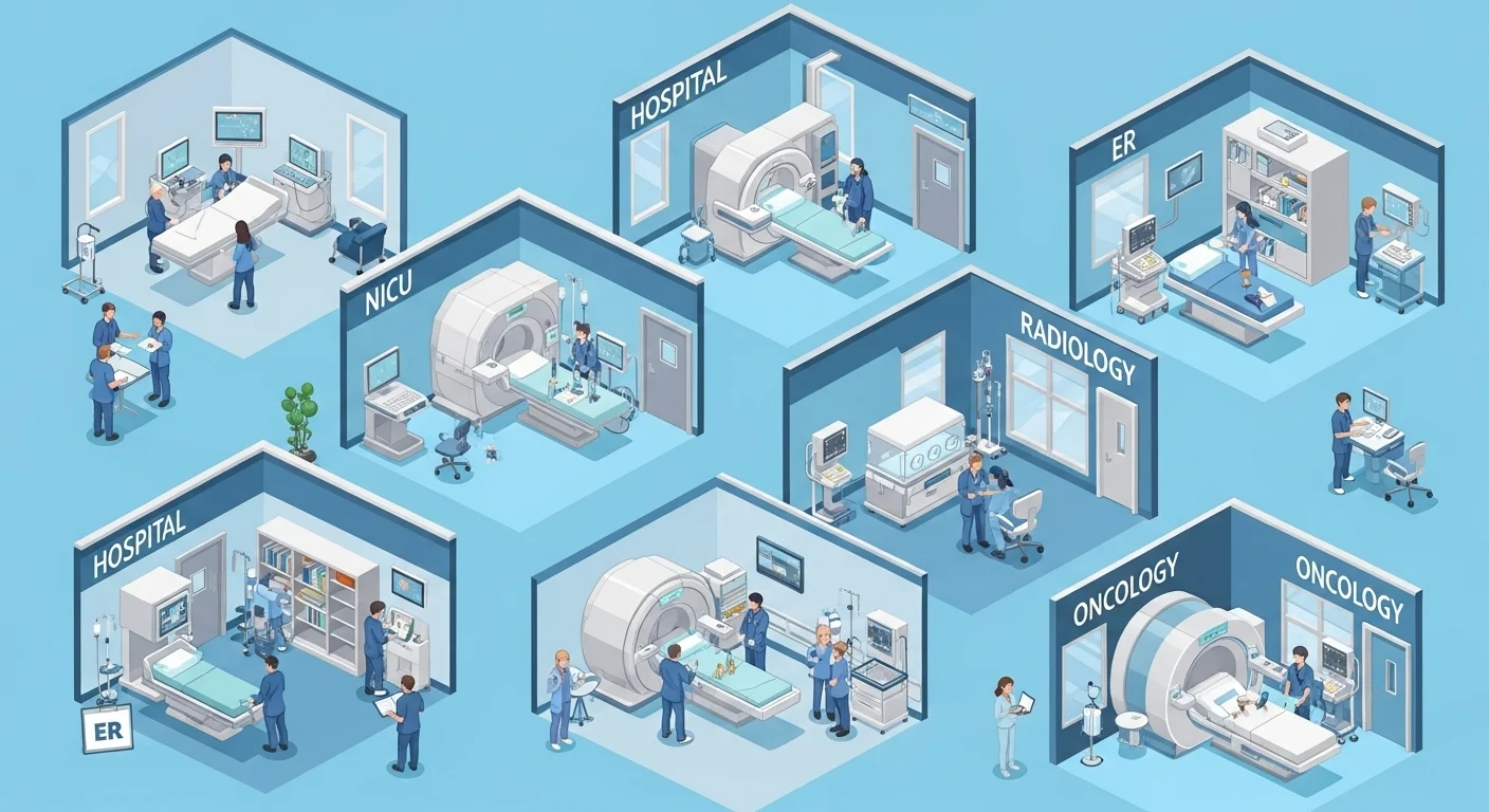 125+ Hospital Riddles with Answers – Healthcare Fun! 4 Isometric illustration of hospital riddles departments including NICU, ER, radiology, and oncology with medical equipment and staff