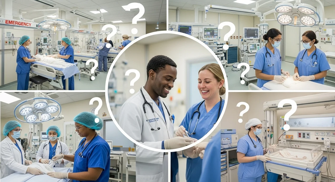 250+ Medical Riddles with Answers: Journey into Medicine 6 Diverse medical team in hospital emergency room with question marks, featuring doctors, nurses, and surgical equipment