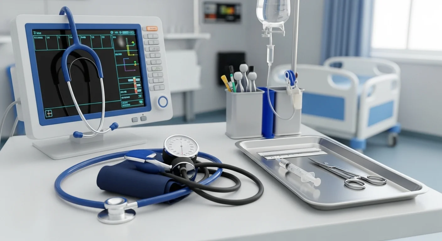 125+ Nursing Riddles to Challenge Your Medical Mind (With Answers!) 1 Medical monitoring equipment with stethoscope and blood pressure cuff in hospital room setting for nursing riddles