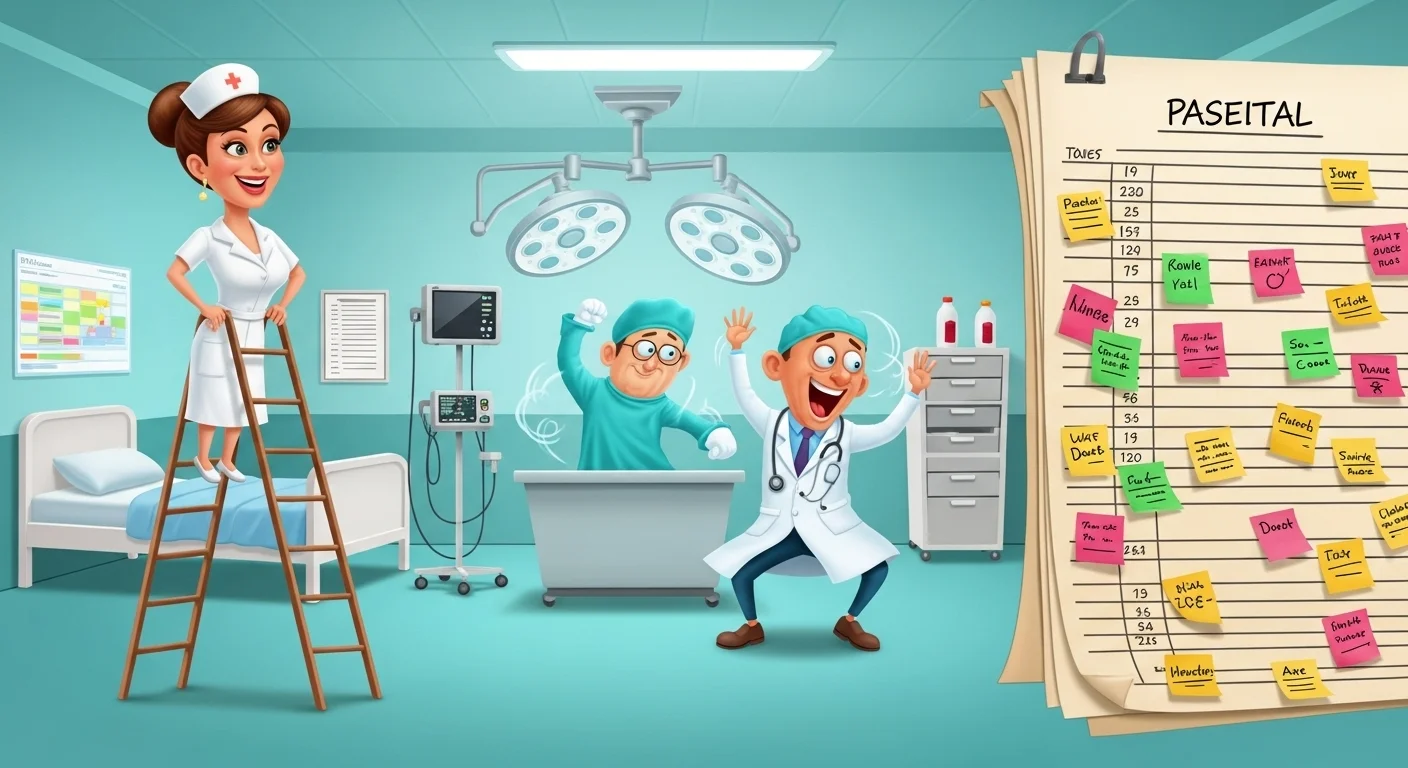 125+ Hospital Riddles with Answers – Healthcare Fun! 5 Cartoon illustration of cheerful medical team in operating room with surgeon, nurse, and patient chart board