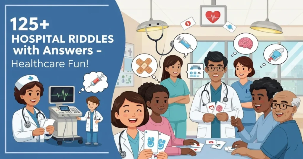 Cartoon illustration of diverse healthcare professionals with medical equipment and riddle elements for hospital brain teasers