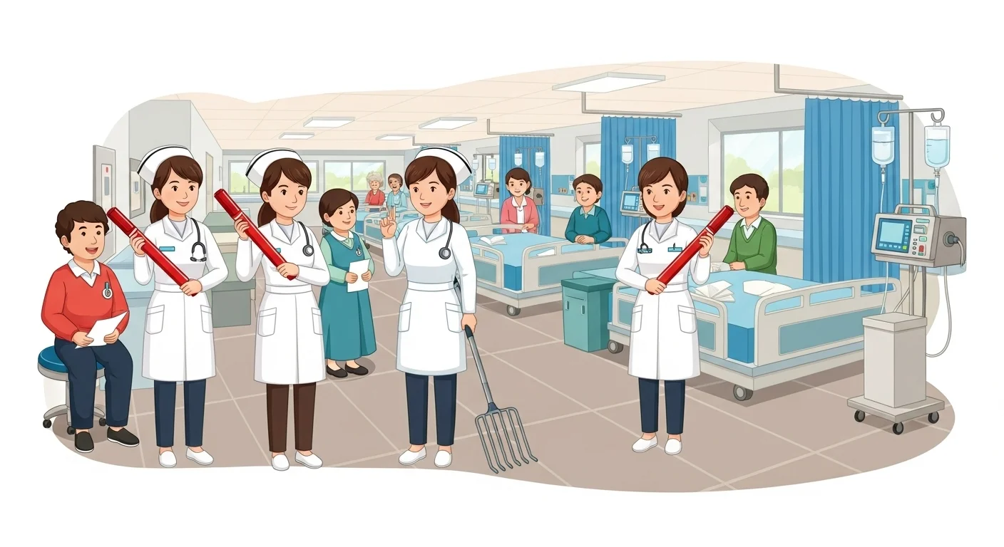 125+ Doctor Riddles with Answers: Educational Brain Teasers 4 Diverse group of nurses and medical staff holding large pencils in hospital ward with patients and medical equipment