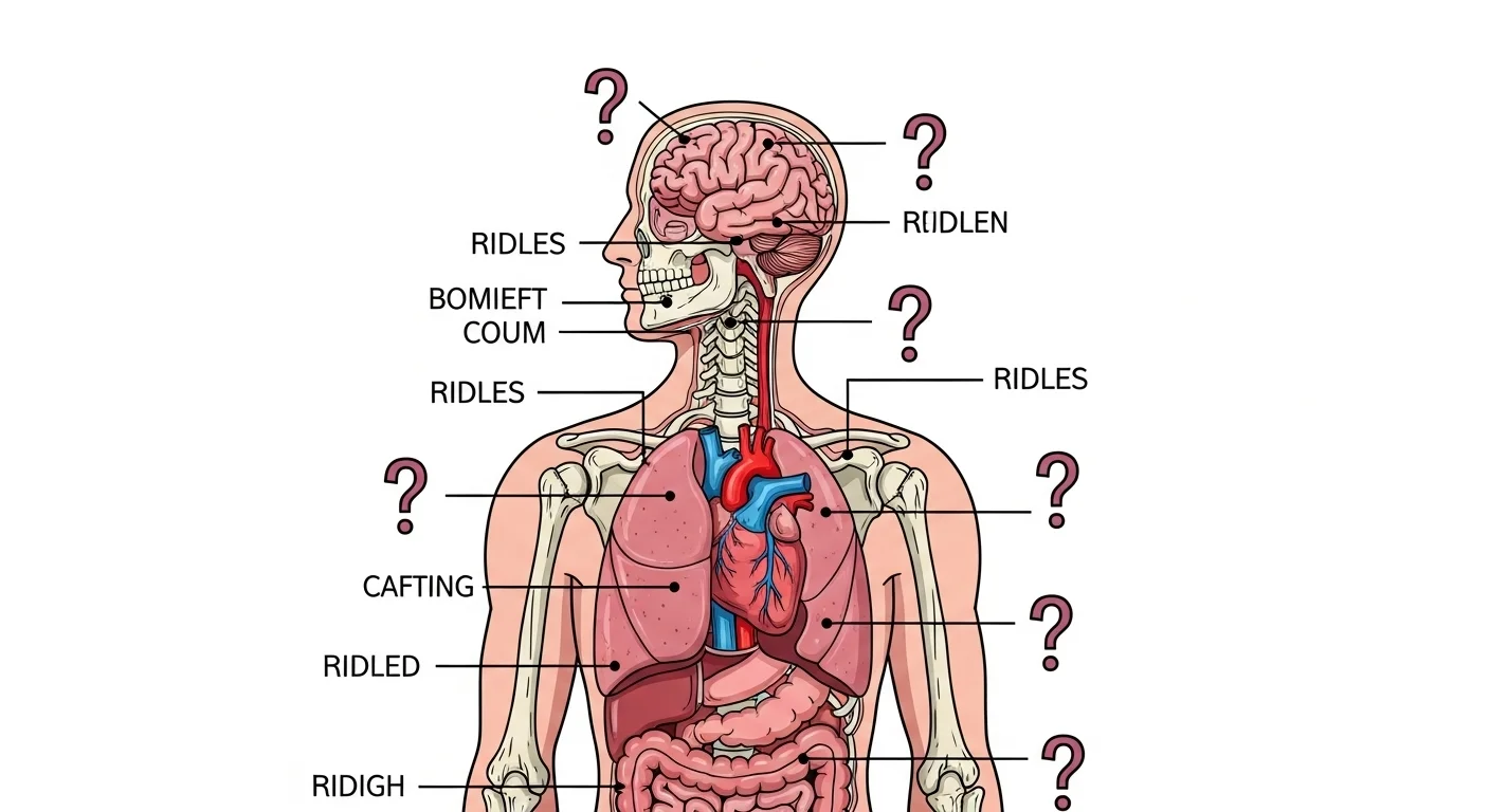 250+ Medical Riddles with Answers: Journey into Medicine 1 Anatomical diagram showing human body systems with medical riddle labels including brain, heart, lungs, and digestive system
