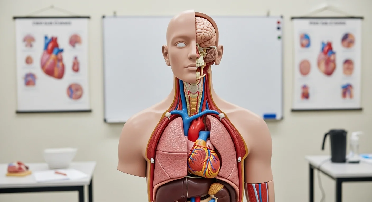 125+ Nursing Riddles to Challenge Your Medical Mind (With Answers!) 3 Detailed anatomical model showing internal organs, brain, and circulatory system in medical classroom