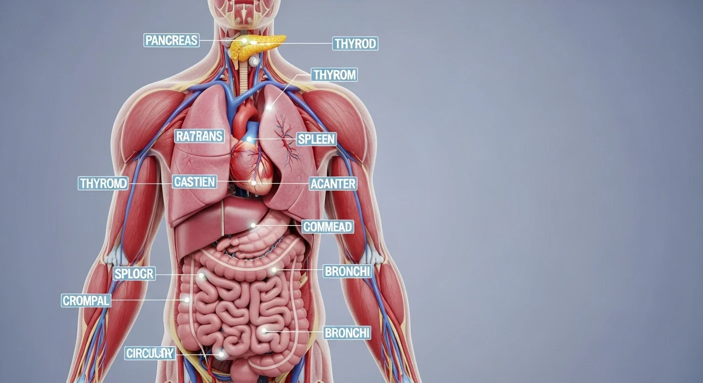 125+ Hospital Riddles with Answers – Healthcare Fun! 3 Detailed human anatomy diagram showing labeled internal organs including pancreas, thyroid, spleen, and digestive system