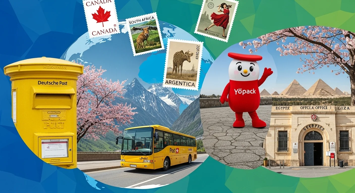 125+ Post Office Riddles to Deliver a Challenge (with Answers!) 5 Global postal service collage showing Deutsche Post mailbox, international postage stamps from Canada, South Africa, and Argentina, Swiss postal bus, and Egyptian post office with Yopack mascot