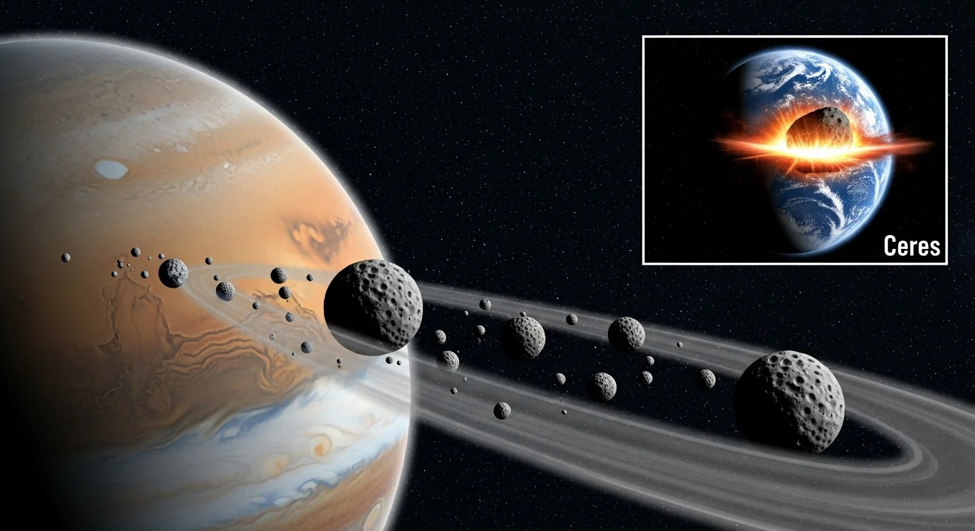 125+ Fun Solar System Riddles with Answers for Kids & Adults 13 Jupiter planet with asteroid belt and Ceres dwarf planet, including Earth impact visualization