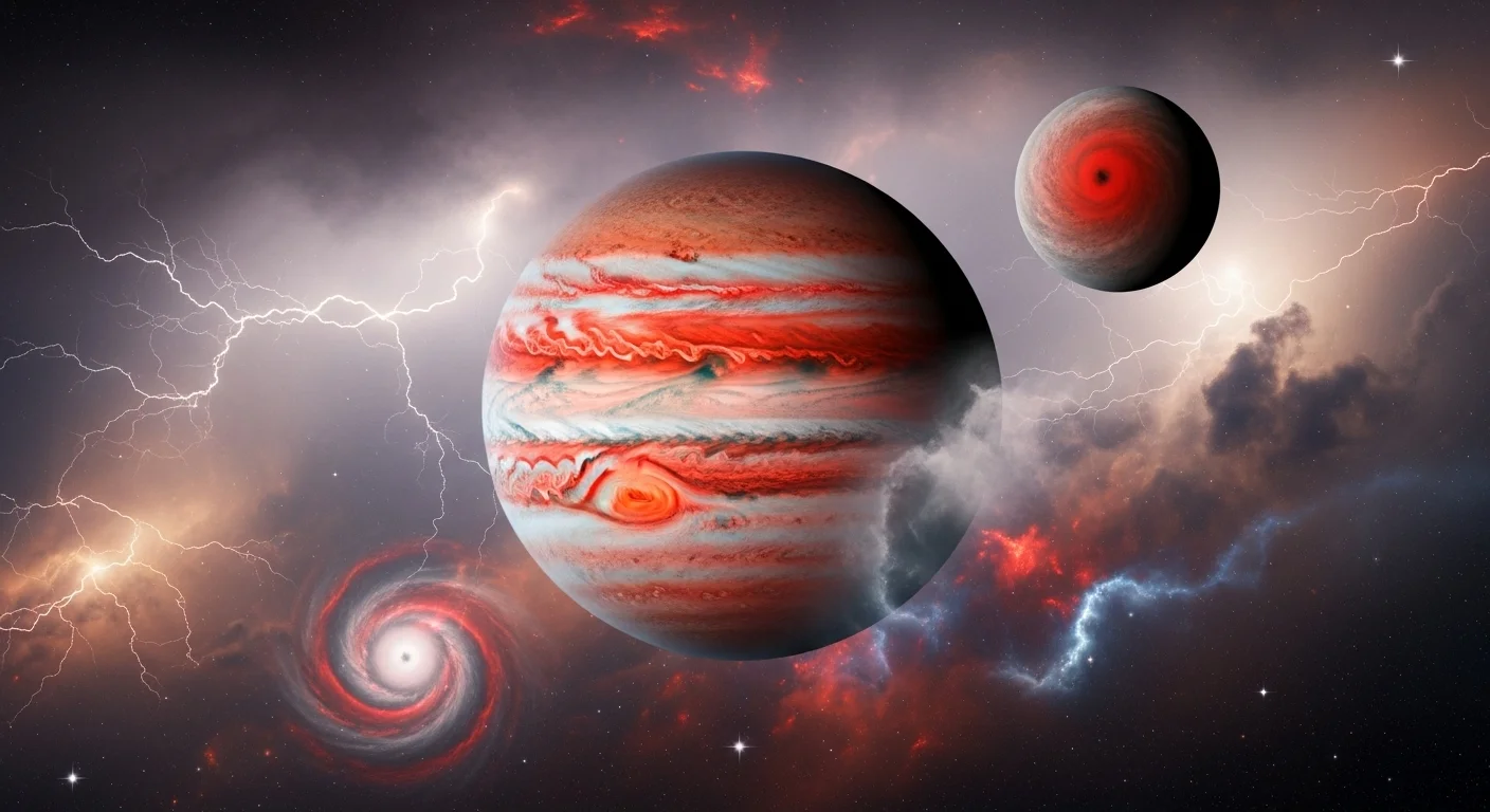 125+ Jupiter Riddles with Answers: Unlock the Mysteries of the Solar System 6 Jupiter showing intense storm activity with Great Red Spot, lightning, and turbulent atmosphere in space