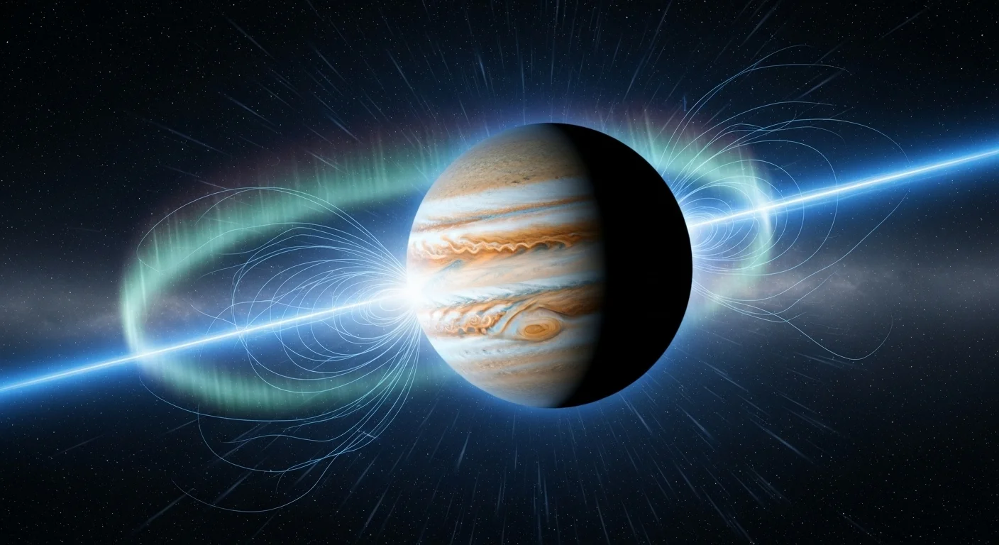 125+ Jupiter Riddles with Answers: Unlock the Mysteries of the Solar System 9 Jupiter's powerful magnetic field and magnetosphere visualization with aurora effects and electromagnetic field lines