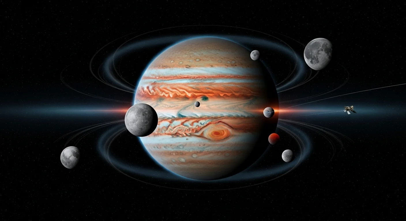 125+ Jupiter Riddles with Answers: Unlock the Mysteries of the Solar System 2 Jupiter's orbital system showing multiple moons in their paths around the gas giant with spacecraft for exploration