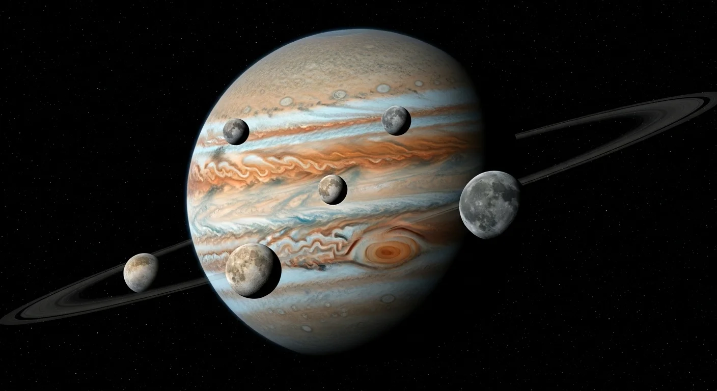 125+ Fun Solar System Riddles with Answers for Kids & Adults 5 Jupiter gas giant planet with its natural satellites and moons orbiting in space showing distinctive cloud bands and Great Red Spot