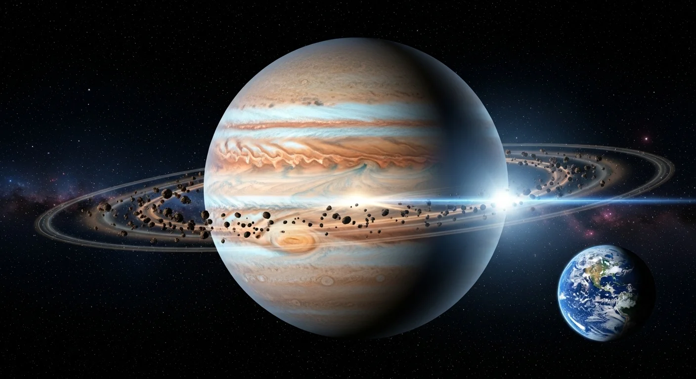 125+ Jupiter Riddles with Answers: Unlock the Mysteries of the Solar System 8 Jupiter with ring system and Earth shown for size comparison in space, highlighting the gas giant's massive scale