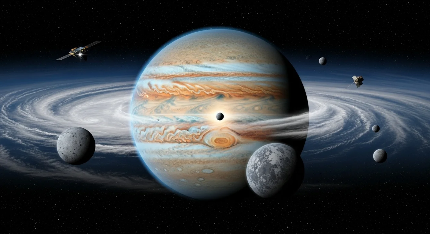 125+ Jupiter Riddles with Answers: Unlock the Mysteries of the Solar System 3 Jupiter showing ring system with spacecraft missions and Galilean moons for scientific exploration study