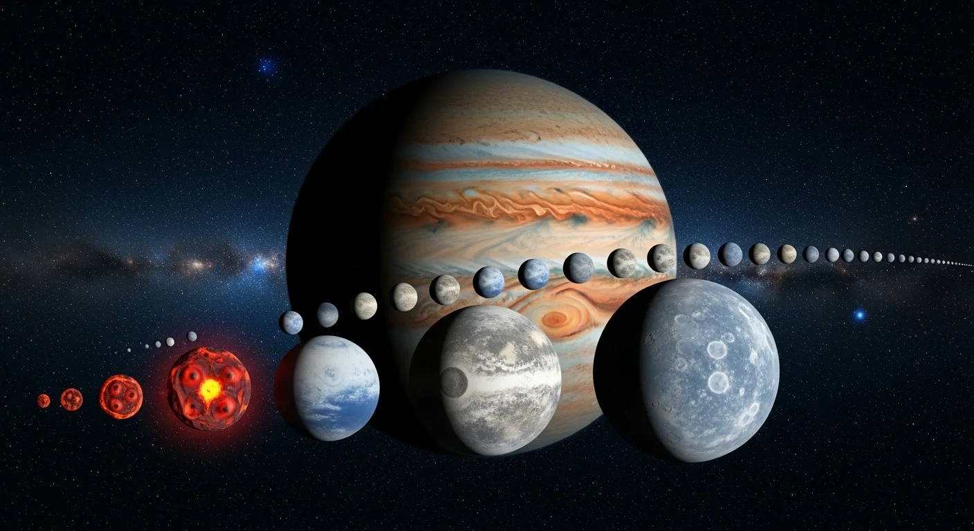 125+ Jupiter Riddles with Answers: Unlock the Mysteries of the Solar System 5 Jupiter with Great Red Spot surrounded by its many moons and solar system planets in space alignment