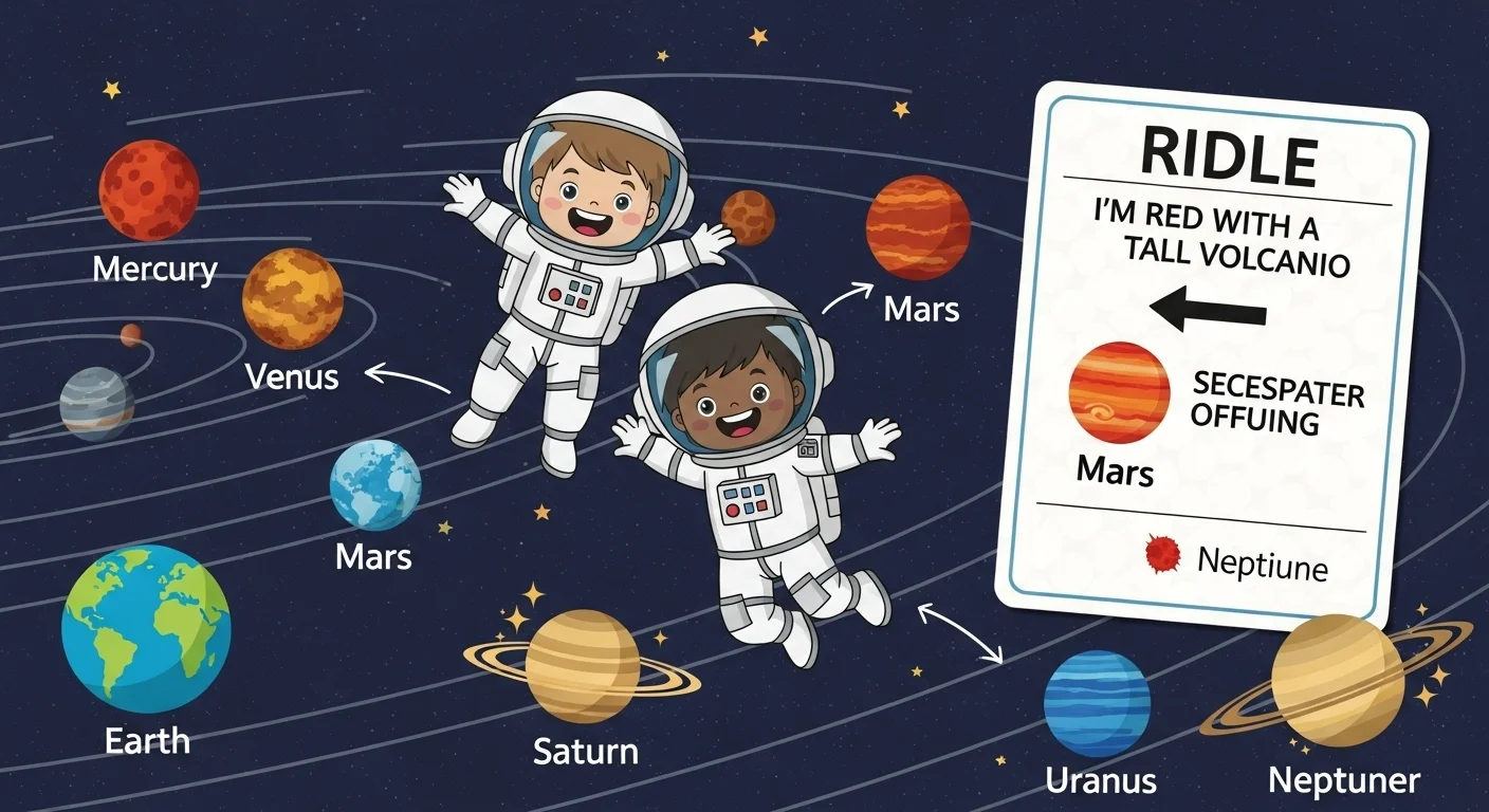 125+ Cosmic Planet Riddles & Answers to Spark Your Curiosity 1 Two diverse child astronauts floating in space with planet riddle card showing Mars volcano riddle and solar system