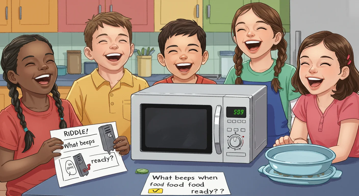 Five diverse children laughing and solving microwave riddles together in a colorful kitchen setting