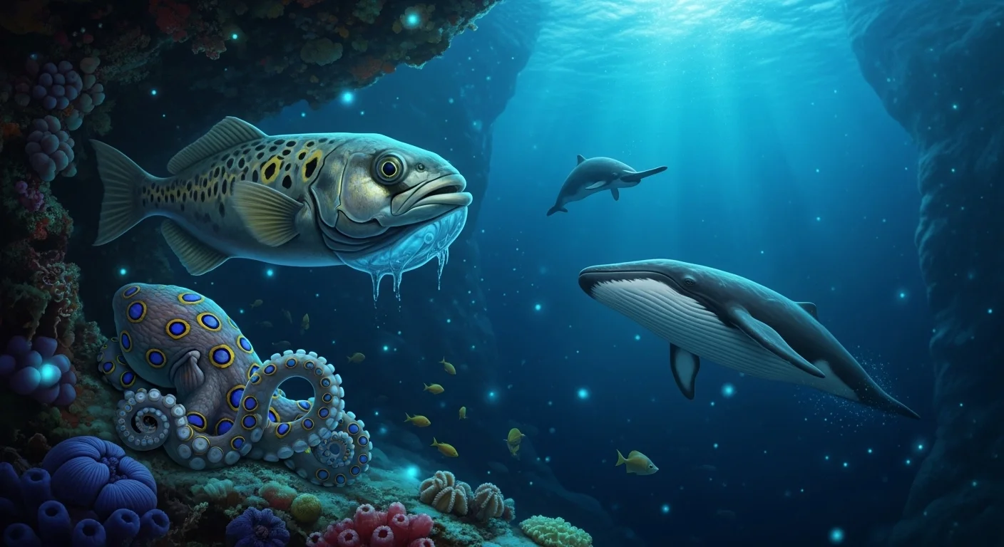 150+ Sea Animal Riddles & Answers to Spark Curiosity and Fun 3 Deep ocean scene with large marine animals including spotted grouper fish, blue-ringed octopus, and whale with coral reef
